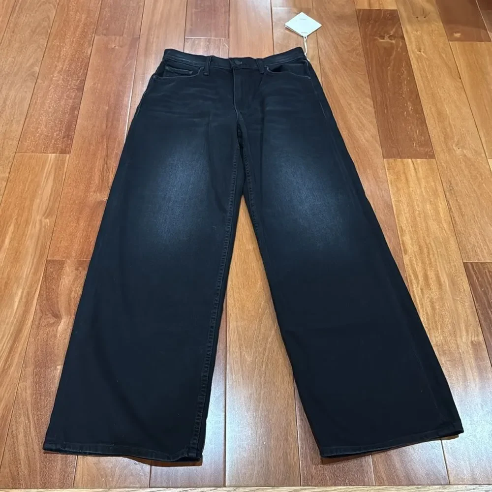 NWT MOTHER Women's The Spinner Zip Sneak Wide Leg Jeans‎ In Magic Black Size 33